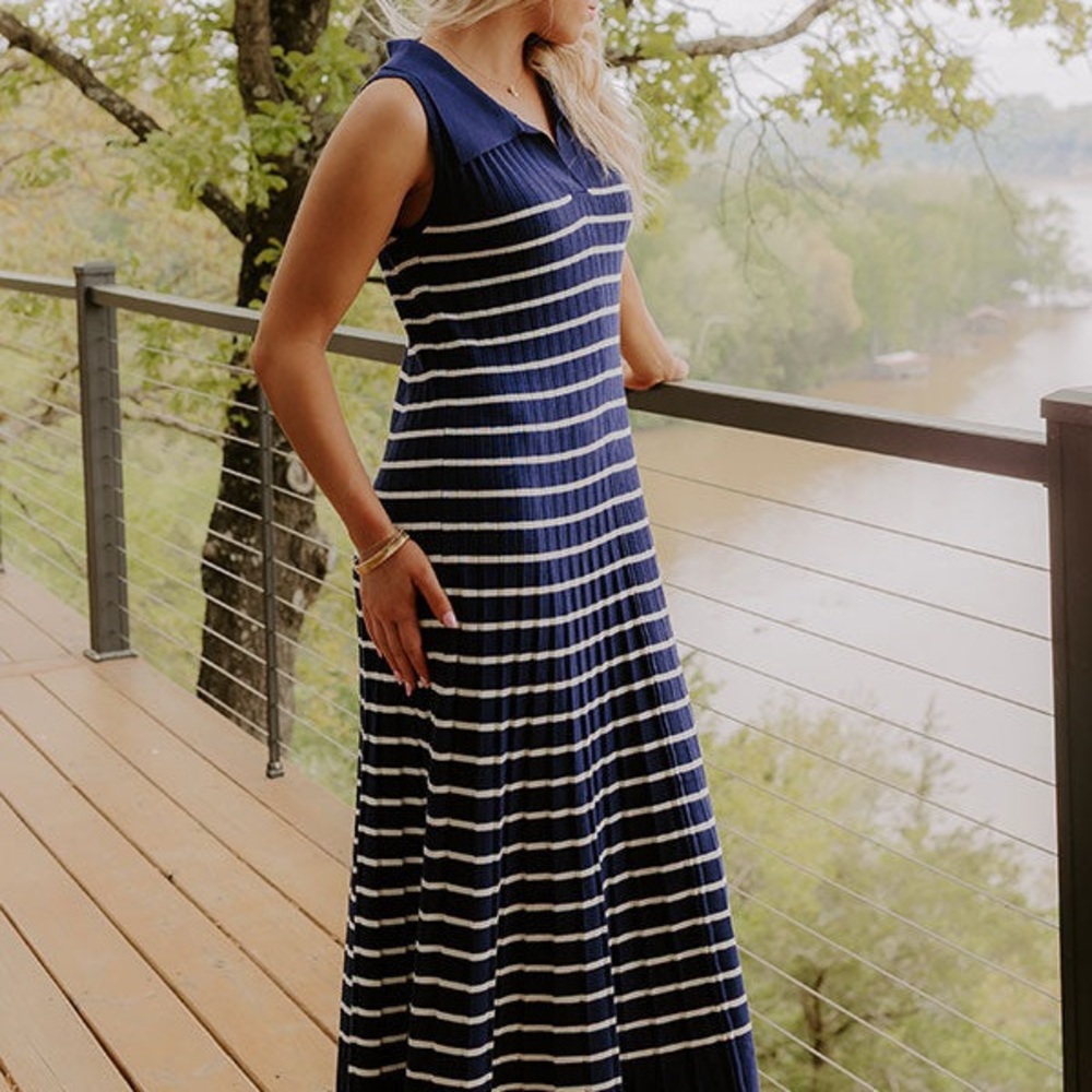 Elegant Navy and White Striped Maxi Dress
